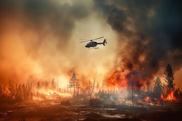 A helicopter is shown flying over a city in the sky, extinguishing a forest fire, combating a pressing environmental challenge