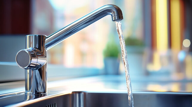 A kitchen sink faucet running water, focusing on water conservation and ecology