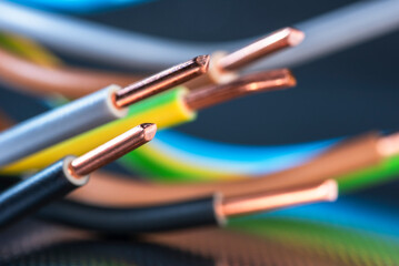 Copper electrical cable wire, installation material, close-up