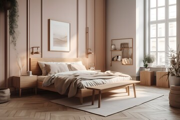 Scandinavian style bedroom mockup with natural wood furniture and beige color scheme 