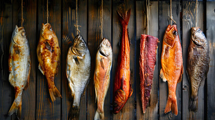 Five Different Types of Fish Hanging on a Wooden Wall