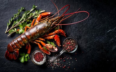 Cooking Spiny lobster or sea crayfish with herbs and spices. Black background