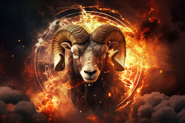 A ram with impressive horns stands proudly in front of a blazing fire, showcasing the symbol of the Zodiac sign Aries