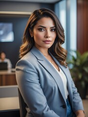 Fototapeta premium Good looking hispanic woman portrait in office lobby professional tech lifestyle ad concept from Generative AI