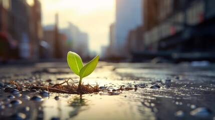 A young green plant breaks through the asphalt in the city center, symbolizing natures resilience and the importance of ecology