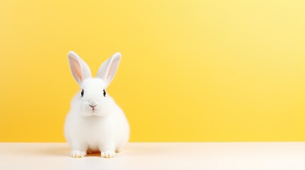 A white bunny against a bright yellow background, symbolizing Easter joy and spring festivities.
