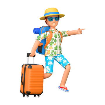 Young man traveler holding luggage while stand 3D character illustration