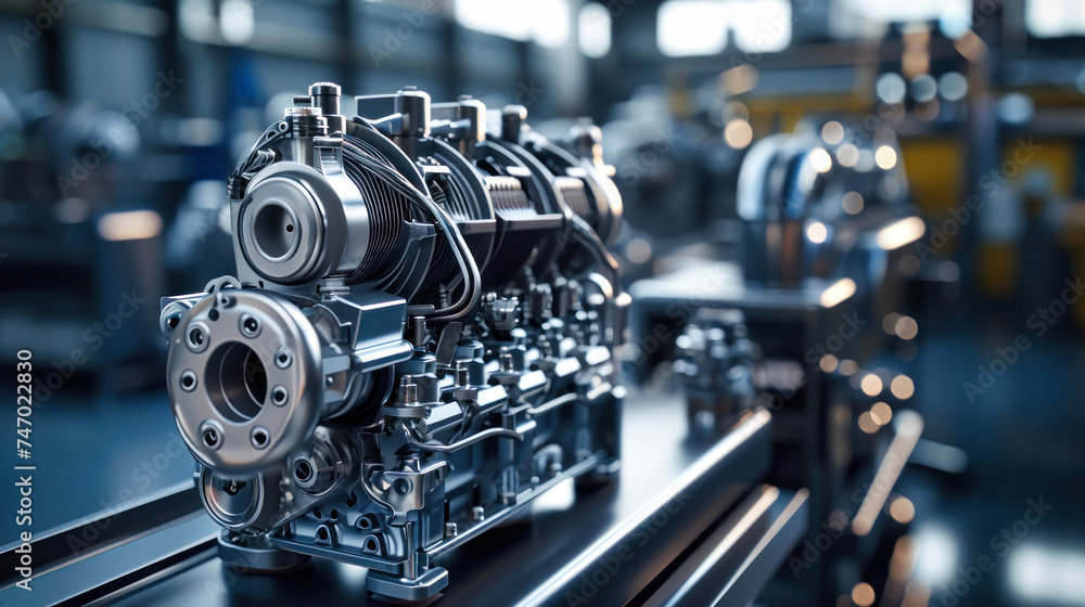 Poster a detailed view of a modern engine moving along a conveyor belt in a high-tech factory setting