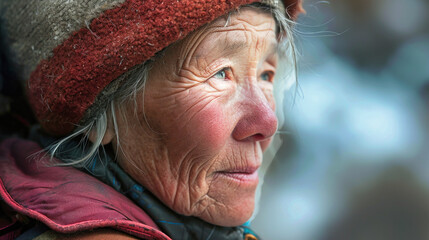 Elderly woman wearing a hat and scarf, walking in a village with a backpack on her shoulders