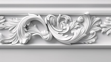 Exquisite 3D depiction of elegant ivory Gypsum carving embellishment for architectural design, featuring timeless interior intricacies crafted from plaster.