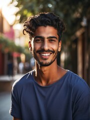 Outdoor natural portrait of a great looking arab young male model smiling looking at camera from Generative AI