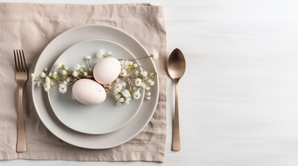 Fototapeta na wymiar A serene and stylish Easter table arrangement with a single egg and white flowers, perfect for a sophisticated seasonal layout.