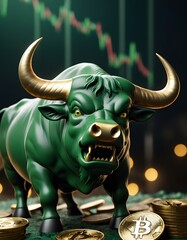 A fierce green bull roars against a backdrop of stock market lines, embodying the aggressive surge in the cryptocurrency market. The image captures the intensity of a bull market's momentum and