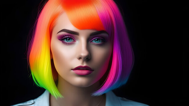 Girl with rainbow neon hair on a black background.