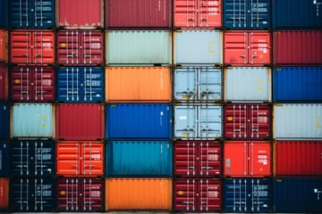 Stacked cargo containers in freight sea port storage, export-import delivery concept