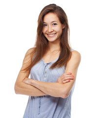 Portrait, smile and arms crossed for hair with woman in studio isolated on white background....