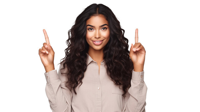 smiling woman pointing with her fingers isolated against transparent background