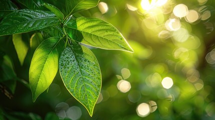 Fototapeta na wymiar Luminous green leaves with sun rays penetrating through, creating a stunning bokeh background effect
