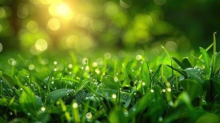 Macro shot of dewdrops on vibrant green grass with sunlight creating a bokeh effect, depicting morning freshness and the beauty of nature