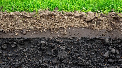 Cross-section view of soil showing layers of topsoil, subsoil, and grass roots, representing agriculture and earth sciences