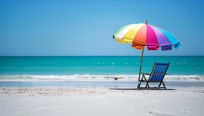Tropical Vibes: Vibrant Umbrella and Beach Chair Adding Color to a Summer Tropical Beach Scene - obrazy, fototapety, plakaty