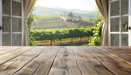 Empty wooden table, vineyard view out of open window.