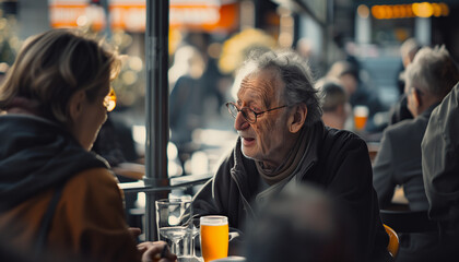 The blurred background of a busy café echoed with the hum of conversations
