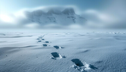 Tracing Solitude: Footprints of a Lone Traveler Imprinted on the Snowy Landscape, A Journey Through Pristine Wilderness
