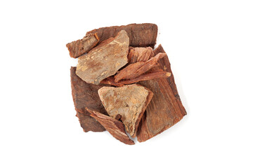 A pile of Dry Organic Arjuna Barks (Terminalia Arjuna), isolated on a white background. Top view