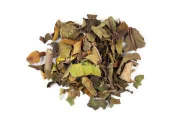 A pile of Dry Organic Dry Adulsa (Justicia adhatoda) leaves, isolated on a white background. Top view