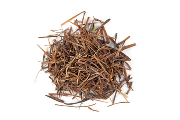A pile of Dry Organic Amar Bel (Cuscuta reflexa) roots, isolated on a white background. Top view