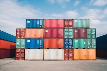 Stacked cargo containers in sea port terminal, concept of export-import goods delivery