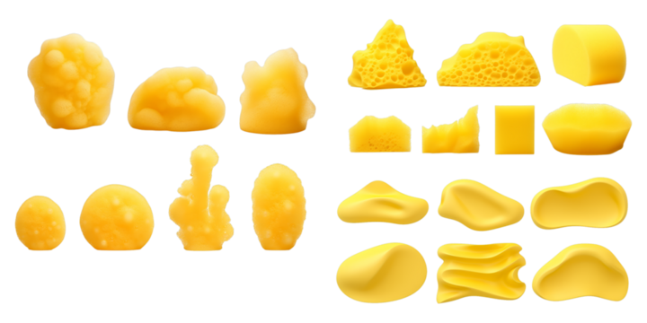 Collection of yellow bubble foam isolated on a white background as transparent PNG