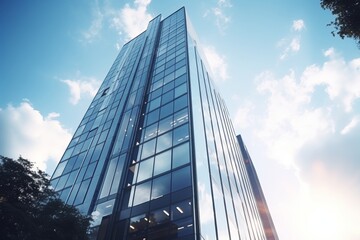 Obraz premium Modern glass office building, business economy financial concept, bottom-up view