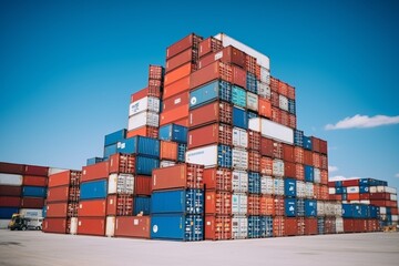 Fototapeta premium Stacked cargo containers at sea port terminal, export-import and national delivery concept