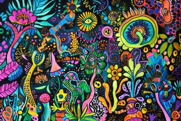 Cartoon cute doodles of a whimsical garden filled with magical plants and creatures, Generative AI