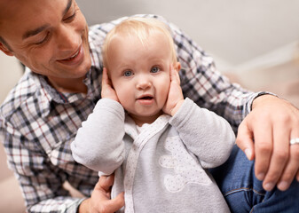 Happy family, father and baby girl in home with love, playing and care of parent in living room. Dad, daughter or relax on weekend with cute toddler, trust or bonding together for growth in apartment