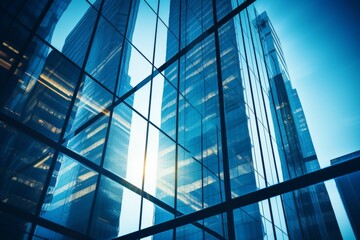 Obraz premium Modern office building with glass facades and blue sky, finance and business concept
