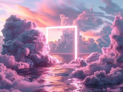 Dreamy scene with a pink neon rectangle frame amidst fluffy clouds reflecting in the water below