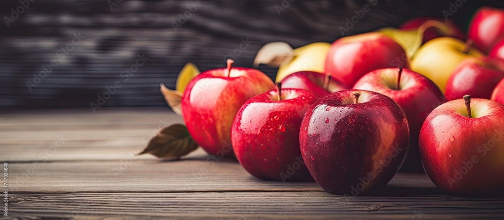 Poster a cluster of vibrant red apples is neatly arranged on a rustic wooden table. the selective focus acc