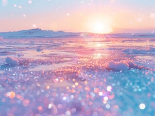 A serene winter scene with sparkling snow fields and a warming sun rising above the distant mountains, invoking peace