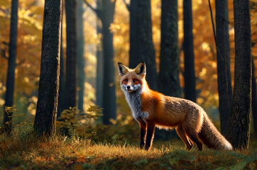 Naklejka na ściany i meble Curious red fox posing in nature forest during fall, outdoors. Illustration of fox glances back at sunlit woodland with autumn foliage, sunshine. Forest animal concept. Copy ad text space. Generate Ai