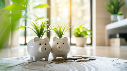 A minimalist, spacious living room bathed in natural light, with piggy banks and money plants symbolizing smart savings - obrazy, fototapety, plakaty