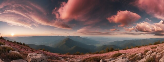 Wide angle panoramic view of a beautiful landscape on top of mountain with pink clouds from Generative AI