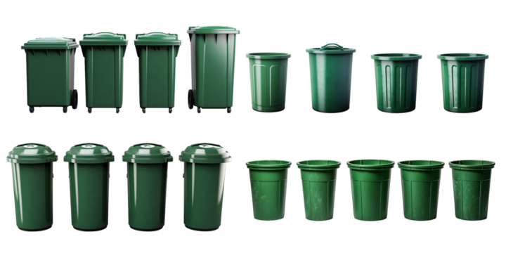 Collection of green trash can isolated on a white background as transparent PNG