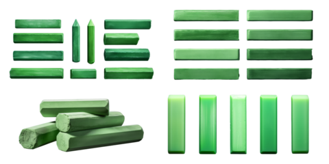Collection of green color chalk isolated on a white background as transparent PNG