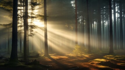 Mystical Sunbeams Penetrating a Foggy Forest Captivating Morning Light Display