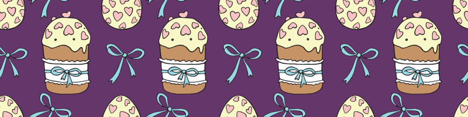 Vector seamless pattern with Easter cake, sweet bread or muffin. Colorful spring background and texture with traditional food in cartoon doodle flat style