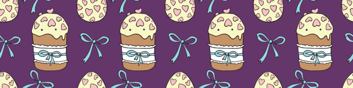 Vector seamless pattern with Easter cake, sweet bread or muffin. Colorful spring background and texture with traditional food in cartoon doodle flat style