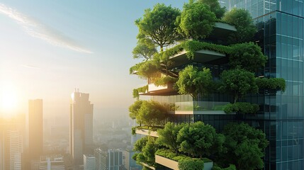 Eco-friendly building in the modern city. Sustainable glass office building with tree for reducing carbon dioxide. Office building with green environment. copy space for text.